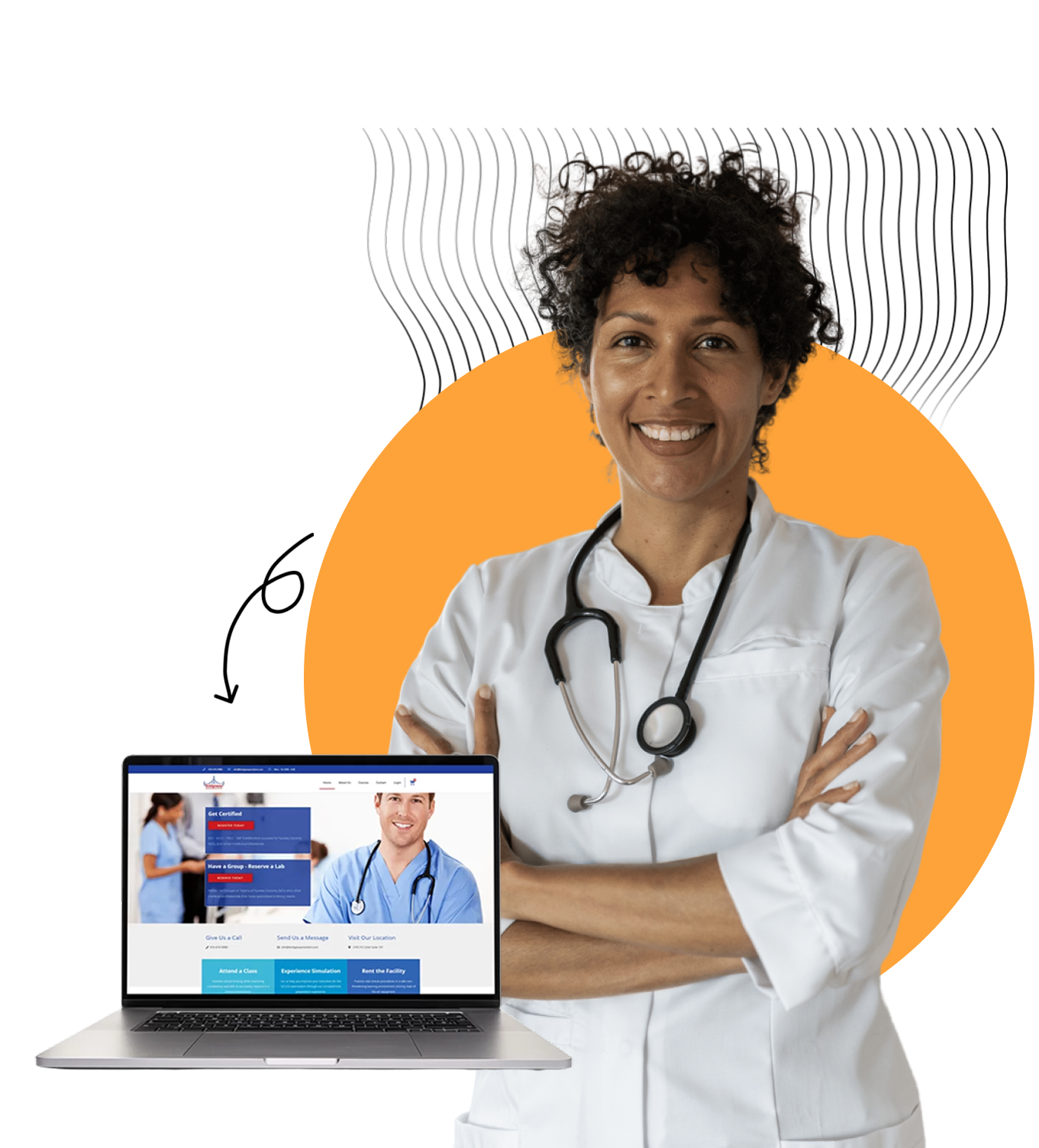 Smiling doctor with stethoscope and laptop showing website