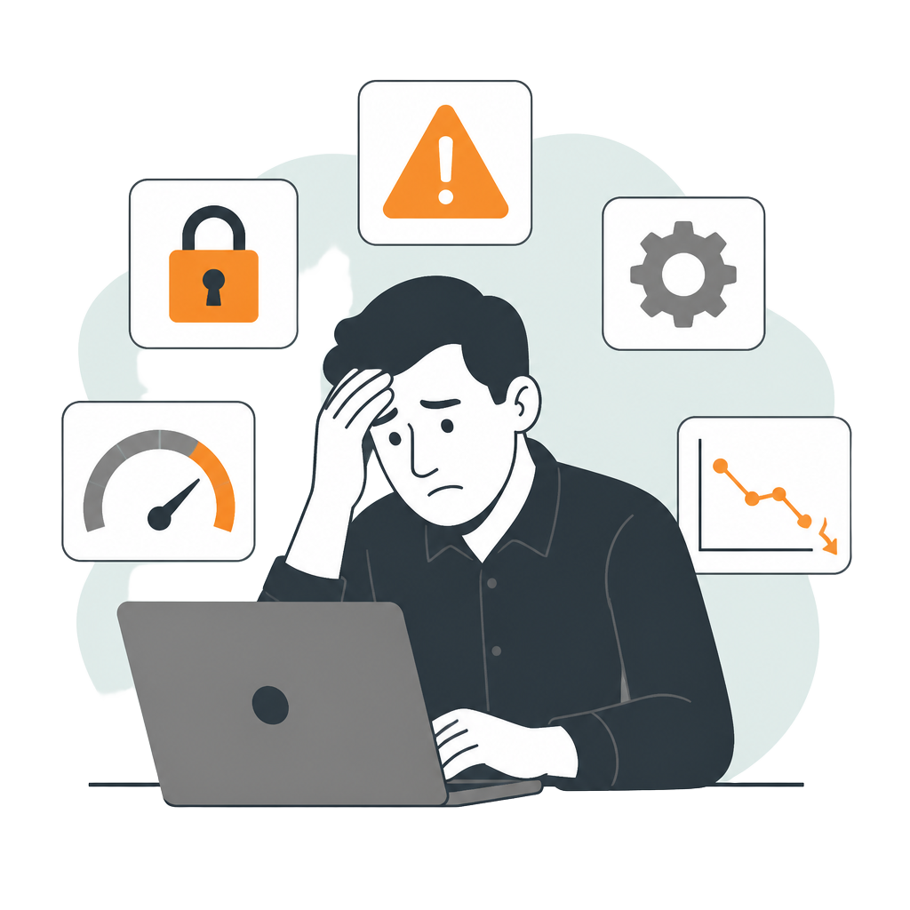 Illustration of a business owner overwhelmed by website security, speed and performance problems